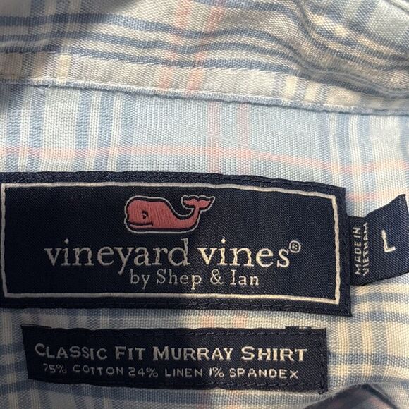 Vineyard Vines Classic Fit Murray Shirt Men's Large Linen Blend Blue Pink Plaid - Picture 14 of 16